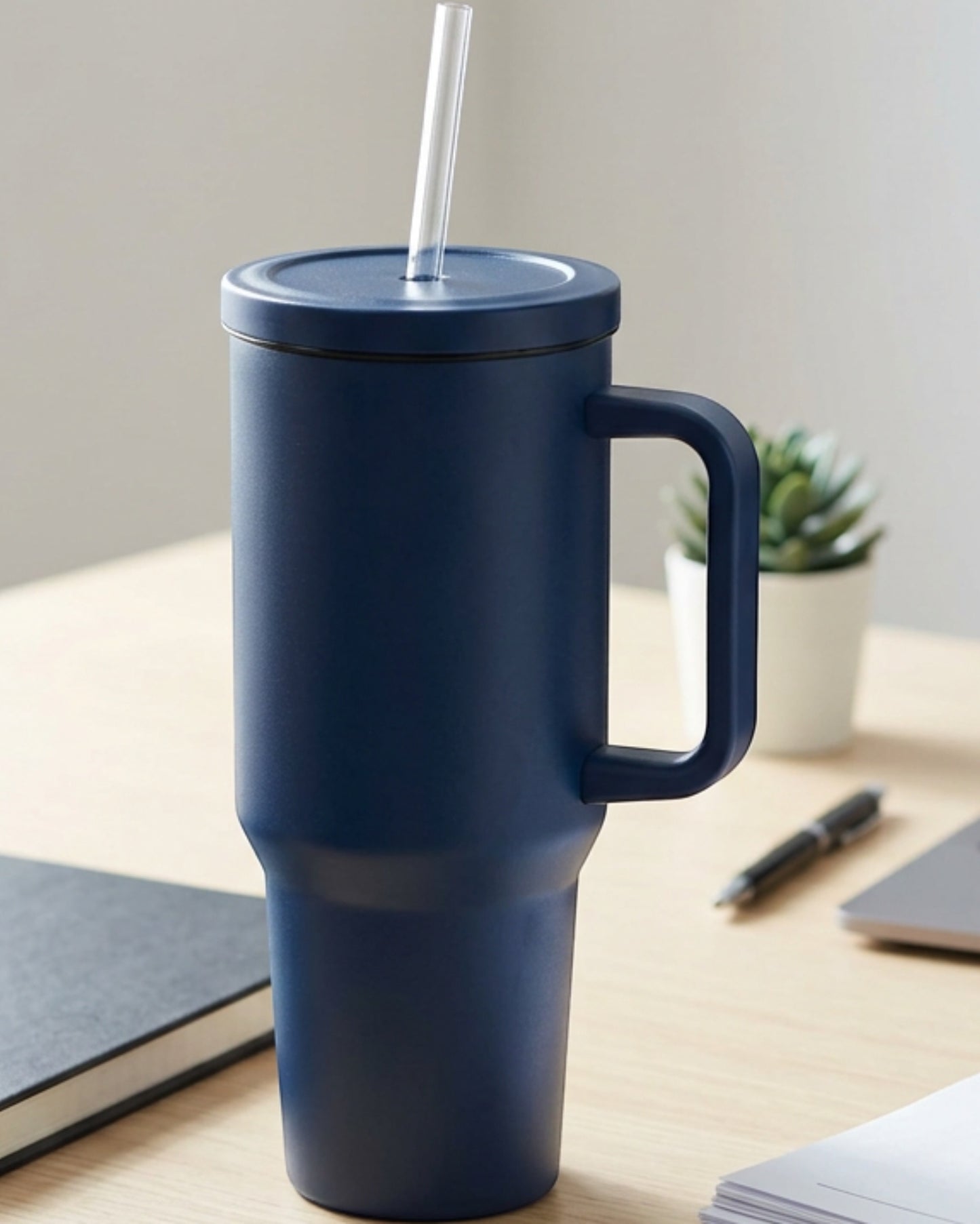 Etchstud Insulated Handle Tumbler with Straw 950 ml Navy - Lifestyle view