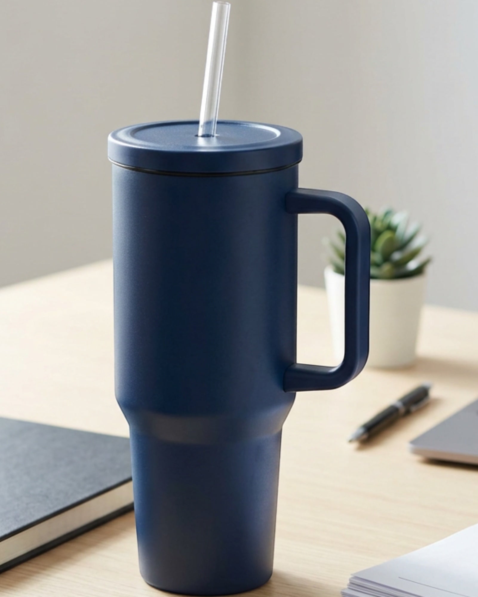 Etchstud Insulated Handle Tumbler with Straw 950 ml Navy - Lifestyle view